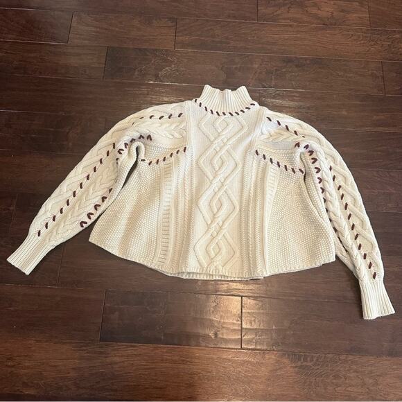 BA&SH Eba Cable Knit Mock Neck Wool Pullover Sweater Small Cream Maroon - Picture 4 of 14